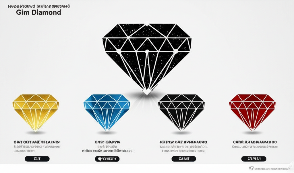Vai trò của giấy kiểm định trong mua kim cương 4 Ảnh infographic minh họa 4C của kim cương: Cut (giác cắt), Clarity (độ trong), Carat (trọng lượng), Color (màu sắc).