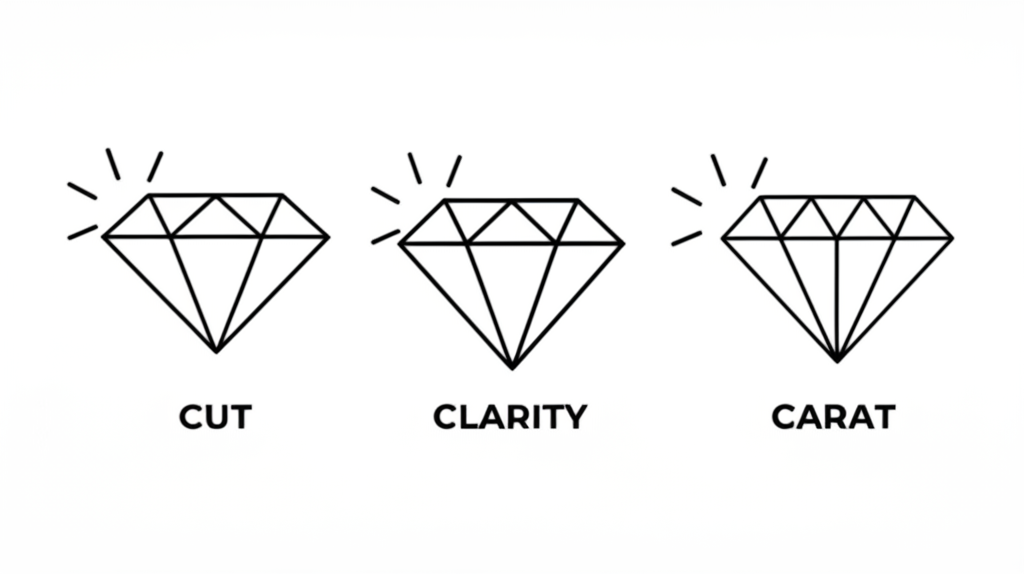 So sánh kim cương giác cắt tròn và oval với giác cắt kim cương 5 Ảnh infographic minh họa 4Cs của kim cương: Cut (giác cắt), Clarity (độ trong), Carat (trọng lượng), Color (màu sắc) với các biểu tượng đơn giản.