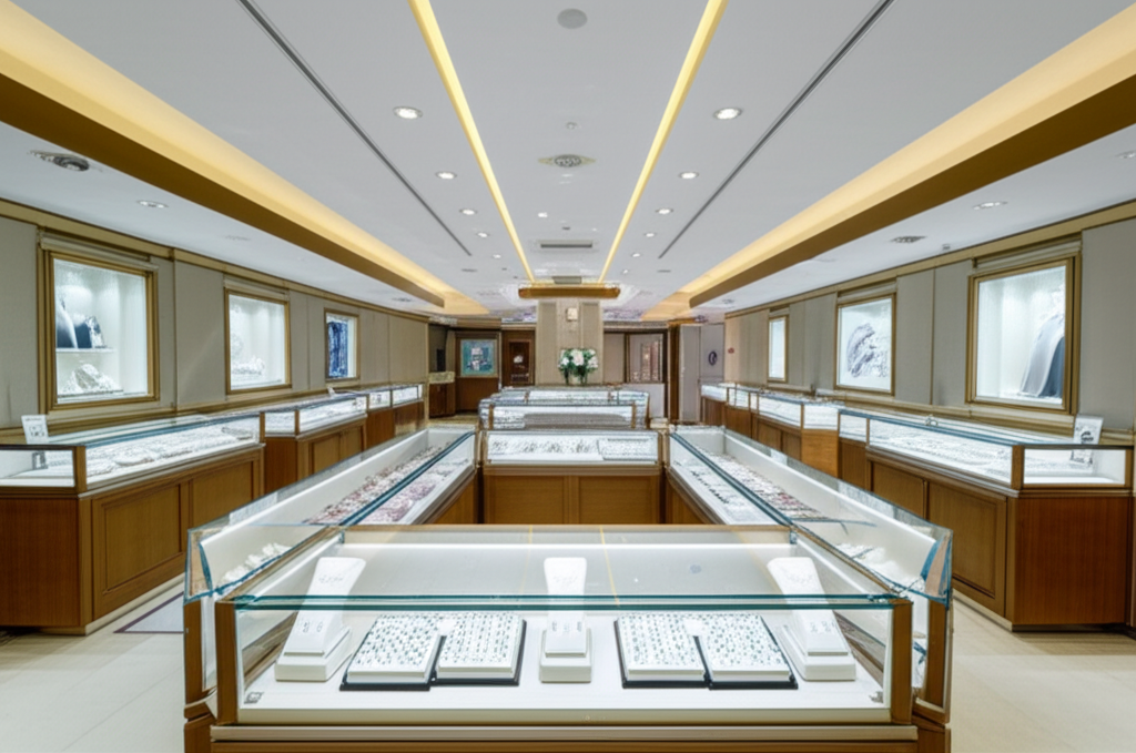 Chọn nhẫn cưới theo tháng sinh với nhẫn cưới tháng sinh 5 Hình ảnh showroom trang sức sang trọng với nhiều mẫu nhẫn cưới kim cương được trưng bày.