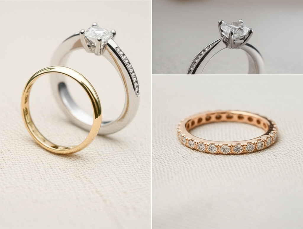 Kinh nghiệm mua nhẫn cưới lần đầu với kinh nghiệm mua nhẫn 4 Ảnh ghép collage cận cảnh ba kiểu nhẫn cưới khác nhau trên nền vải linen trung tính. Bao gồm một nhẫn trơn bằng vàng cổ điển, một nhẫn kim cương solitaire bằng bạch kim hiện đại, và một nhẫn eternity bằng vàng hồng tinh tế.