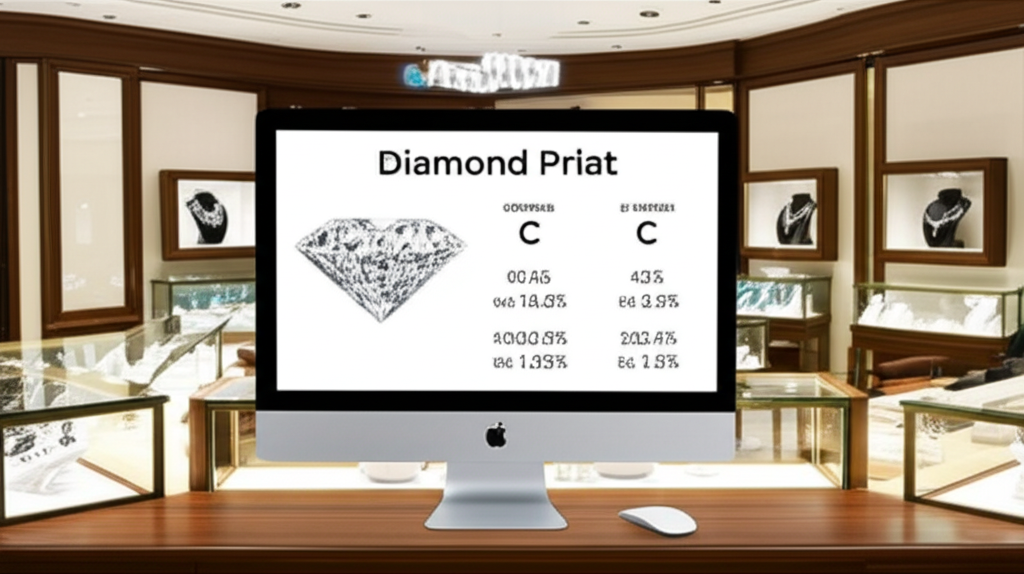 Giá kim cương 1 carat hiện nay với giá kim cương 4 Hình ảnh bảng giá kim cương 1 carat hiển thị trên màn hình máy tính trong cửa hàng trang sức sang trọng, với các thông số 4C.