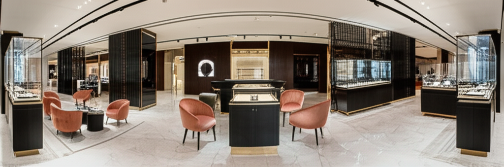 Giá nhẫn cưới kim cương hiện nay với giá nhẫn cưới 8 Toàn cảnh một showroom cao cấp sang trọng và hiện đại. Không gian trống, không có người, nổi bật với sàn nhà sáng bóng, tủ kính trưng bày và khu vực tư vấn tinh tế. Ánh sáng ấm áp tạo nên một không khí thân thiện và chuyên nghiệp.