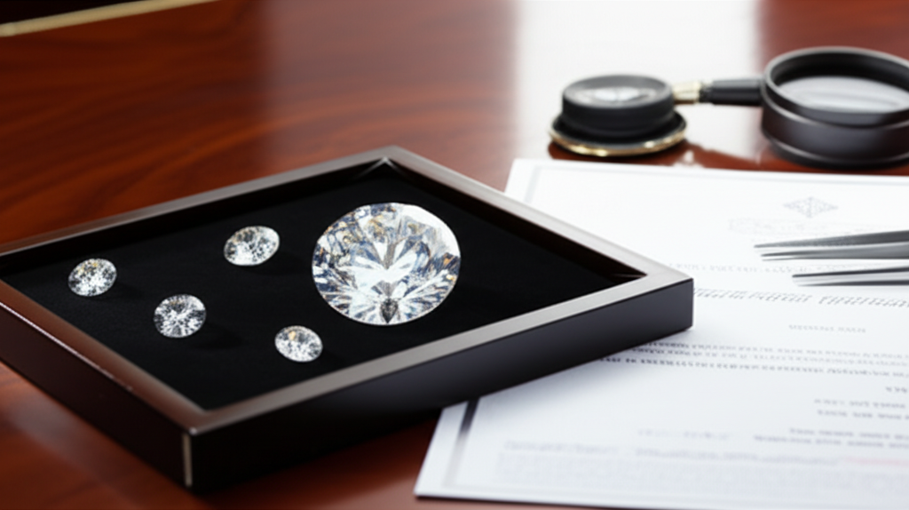 Giá kim cương 1 carat hiện nay với giá kim cương 6 Cận cảnh những viên kim cương 1 carat lấp lánh đặt trên khay đen sang trọng, bên cạnh là kính lúp và giấy chứng nhận trên bàn gỗ, ngụ ý một buổi tư vấn đầu tư kim cương chuyên nghiệp.