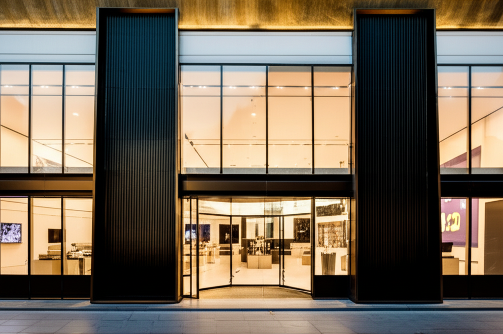 Cách chọn kim cương phù hợp ngân sách với chọn kim cương theo giá 8 Mặt tiền của một showroom cao cấp được thiết kế hiện đại, sang trọng với các tấm kính lớn và vật liệu cao cấp, được chiếu sáng bởi ánh nắng vàng ấm áp vào ban ngày.