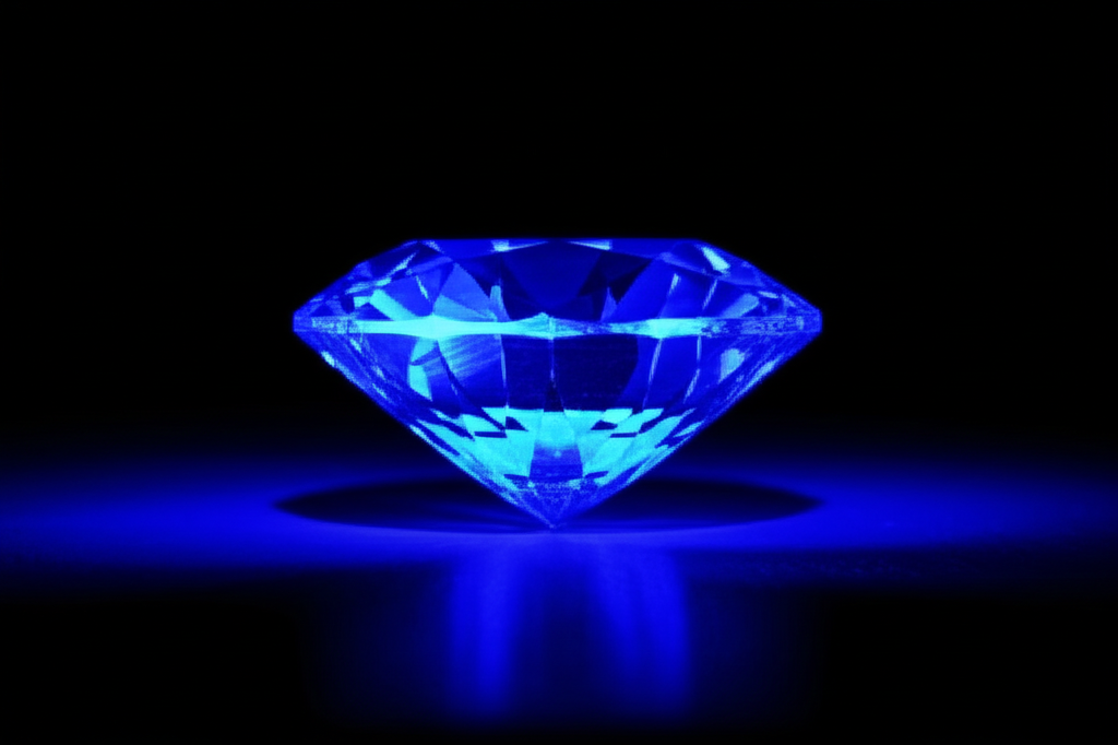 Cách đọc giấy kiểm định kim cương GIA 6 Hình ảnh cận cảnh một viên kim cương trên nền tối, được chiếu bởi đèn UV, làm viên kim cương phát ra ánh sáng huỳnh quang màu xanh dương rực rỡ.