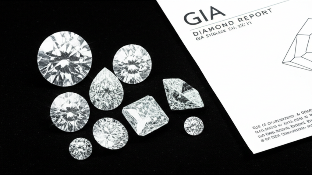 Cách đọc giấy kiểm định kim cương GIA 9 Ảnh chụp cận cảnh bộ sưu tập kim cương viên nhiều kích cỡ và hình dạng khác nhau, kèm giấy kiểm định GIA.