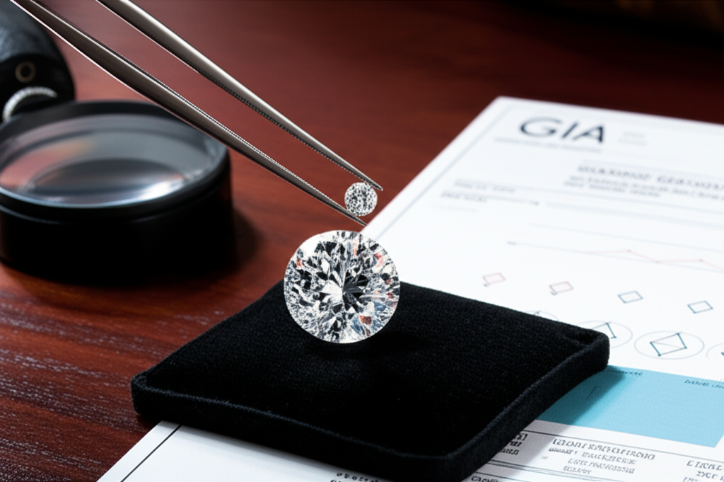Cách đọc giấy kiểm định kim cương GIA 8 Cận cảnh một viên kim cương lấp lánh được giữ bằng nhíp chuyên dụng, đặt cạnh kính lúp và giấy kiểm định GIA trên một khay nhung đen, thể hiện quá trình kiểm tra chất lượng kim cương.