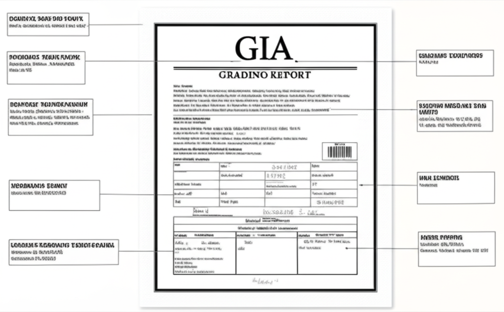 Cách đọc giấy kiểm định kim cương GIA 3 Hình ảnh infographic thể hiện sơ đồ cấu trúc của một giấy kiểm định GIA, với các vùng được phân chia rõ ràng cho từng mục thông tin như giác cắt, màu sắc, độ trong và trọng lượng. Các chú thích được biểu thị bằng các đường chỉ dẫn và khối văn bản giữ chỗ.