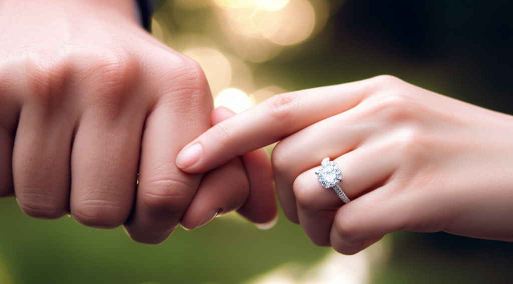Ý nghĩa của việc đeo nhẫn cưới với ý nghĩa nhẫn cưới 4 Ảnh cận cảnh hai bàn tay, một nam và một nữ, đang nắm chặt lấy nhau. Trên ngón áp út của cả hai đều đeo nhẫn cưới kim cương lấp lánh dưới ánh sáng dịu nhẹ, làm nổi bật chi tiết của cặp nhẫn.