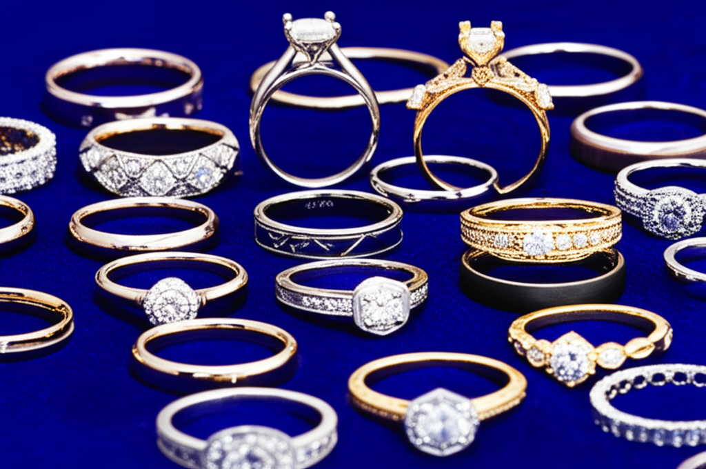 Nhẫn cưới cặp đôi thiết kế riêng với thiết kế nhẫn cưới 8 Cận cảnh bộ sưu tập nhẫn cưới với nhiều thiết kế đa dạng bằng vàng, bạch kim, có đính kim cương, được sắp xếp tinh tế trên bề mặt vải nhung xanh sang trọng dưới ánh sáng studio chuyên nghiệp.