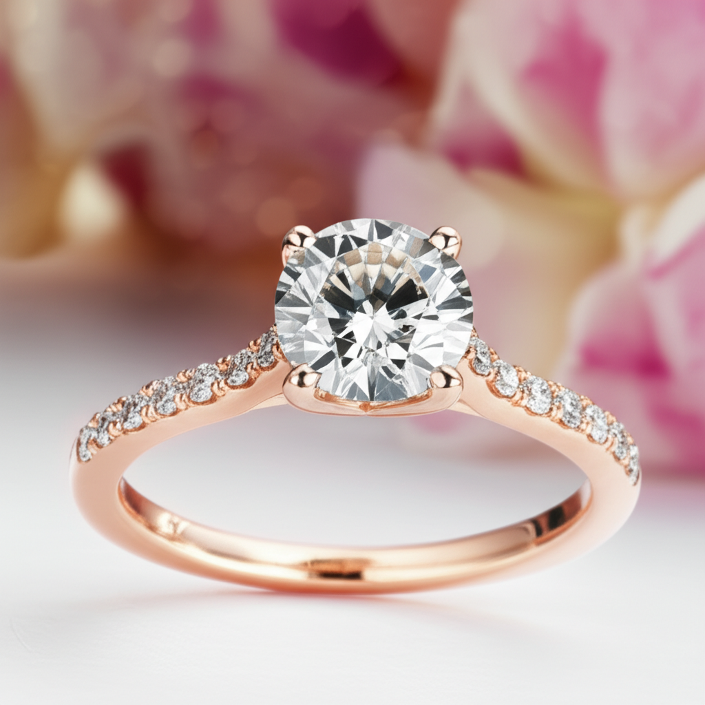 Cách chọn kim cương phù hợp ngân sách với chọn kim cương theo giá 6 Ảnh chụp macro cận cảnh một viên kim cương màu champagne rực rỡ được đính trên chiếc nhẫn bằng vàng hồng, nổi bật trên nền mờ với hiệu ứng bokeh đẹp mắt.
