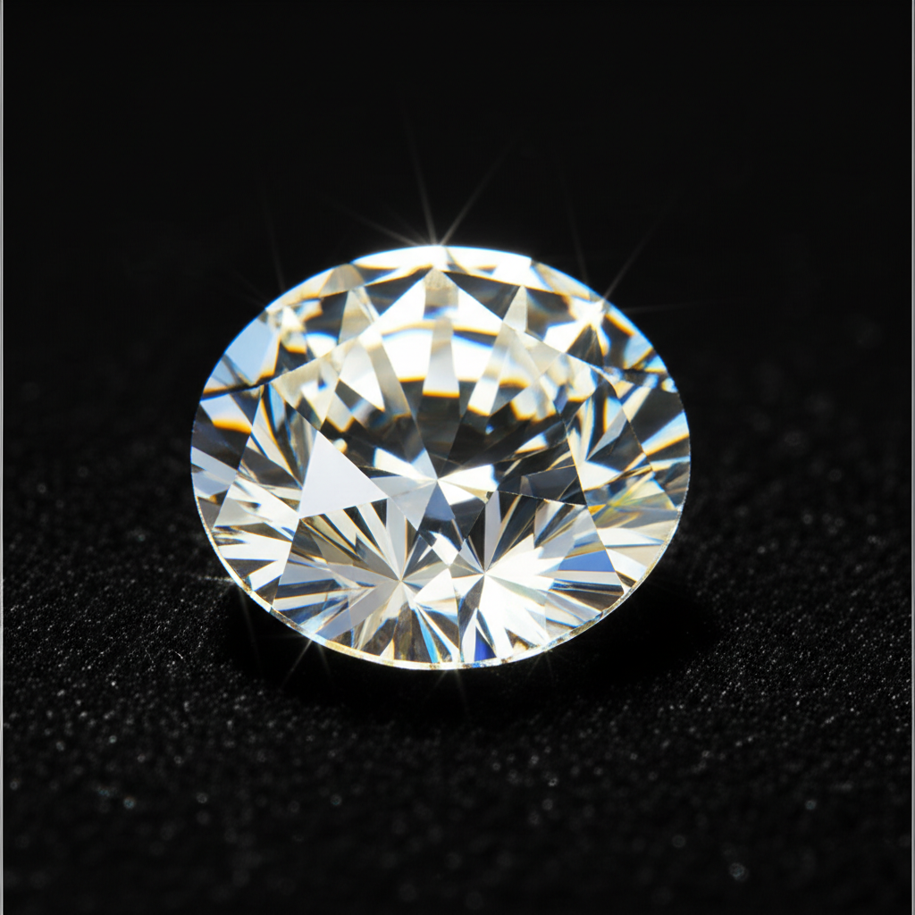 Cách phân biệt kim cương thật và giả 1 Ảnh chụp macro cận cảnh một viên kim cương giác cắt round brilliant hoàn hảo, ánh sáng chiếu vào tạo ra hiệu ứng quang phổ và lấp lánh đầy màu sắc trên nền vải nhung đen tối giản, sang trọng.