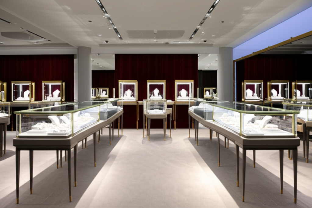 Phong thủy kim cương theo mệnh với kim cương phong thủy 7 Bên trong một showroom trang sức kim cương cao cấp. Các tủ kính trưng bày những viên kim cương và trang sức lấp lánh dưới ánh đèn sân khấu trang nhã, tạo nên một không gian sang trọng và tinh tế.