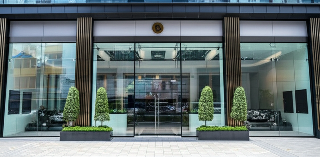Kim cương màu nào được ưa chuộng nhất với màu kim cương 7 Ảnh chụp mặt tiền showroom Long Ngọc Luxury với kiến trúc hiện đại, sang trọng. Cửa kính lớn, cây xanh trang trí hai bên và vỉa hè sạch sẽ, thể hiện sự chuyên nghiệp.