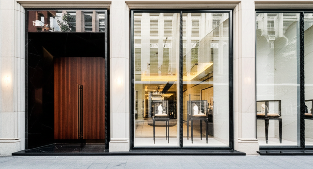 Nhẫn cưới kim cương tự nhiên và nhân tạo 7 Hình ảnh mặt tiền showroom Long Ngọc Luxury - Dương Long Ngọc, với kiến trúc hiện đại, cửa kính lớn trong suốt, lối vào sang trọng, thể hiện không gian cao cấp và tinh tế.