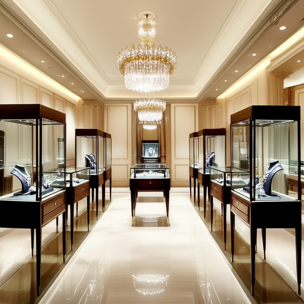 Tư vấn chọn kim cương cho người mới bắt đầu với mua kim cương lần đầu 9 Ảnh chụp nội thất showroom trang sức cao cấp với các tủ kính trưng bày dây chuyền và nhẫn kim cương lấp lánh dưới ánh đèn vàng ấm áp, không có người.