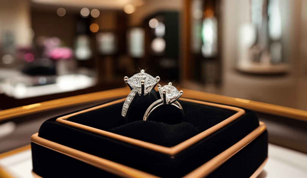 Ý nghĩa của việc đeo nhẫn cưới với ý nghĩa nhẫn cưới 6 Cận cảnh cặp nhẫn cưới kim cương trên khay nhung đen trong tủ kính tại một showroom trang sức cao cấp. Ánh sáng dịu nhẹ làm nổi bật vẻ đẹp lấp lánh của kim cương, không gian sang trọng và lãng mạn, không có người.