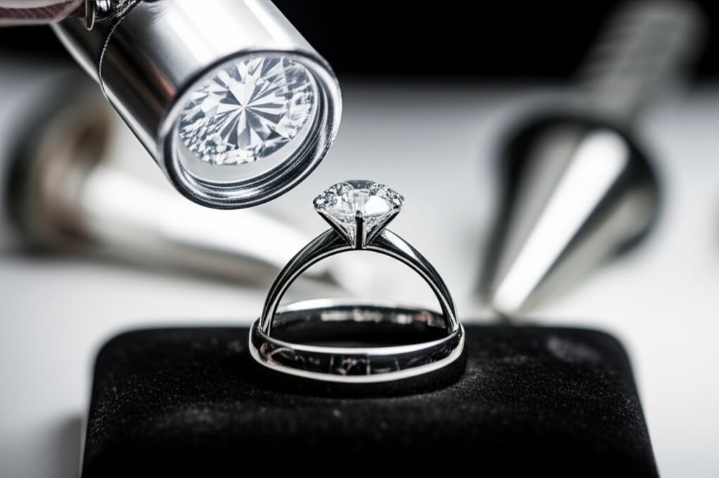 Cách chọn nhẫn cưới theo phong thủy với xu hướng nhẫn cưới 5 Ảnh macro cận cảnh một chiếc nhẫn cưới kim cương được soi qua kính lúp của thợ kim hoàn. Ánh sáng studio làm nổi bật các mặt cắt lấp lánh của viên đá trên nền đen chuyên nghiệp.