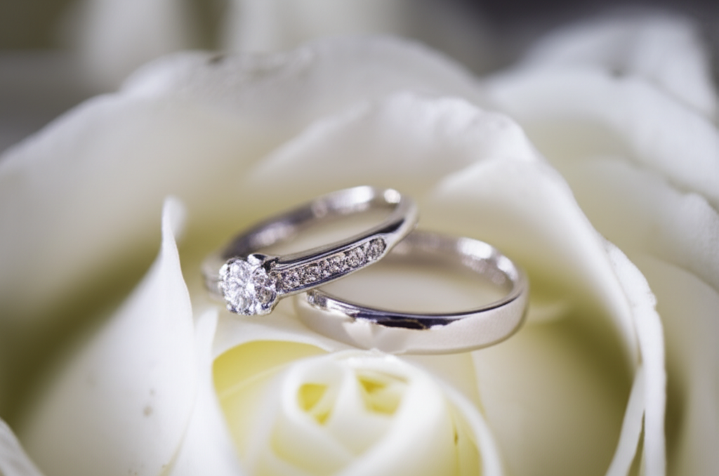 Cách chọn nhẫn cưới theo phong thủy với xu hướng nhẫn cưới 3 Ảnh chụp cận cảnh hai chiếc nhẫn cưới bằng vàng trắng có đính kim cương, thiết kế đơn giản và thanh lịch, đặt trên nền cánh hoa hồng trắng mềm mại trong không gian ấm cúng, lãng mạn.