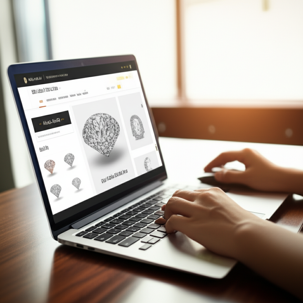 Lưu ý khi mua kim cương online 1 Ảnh chụp màn hình laptop đang mở trang web bán kim cương trực tuyến, với chuột đang chọn một viên kim cương.