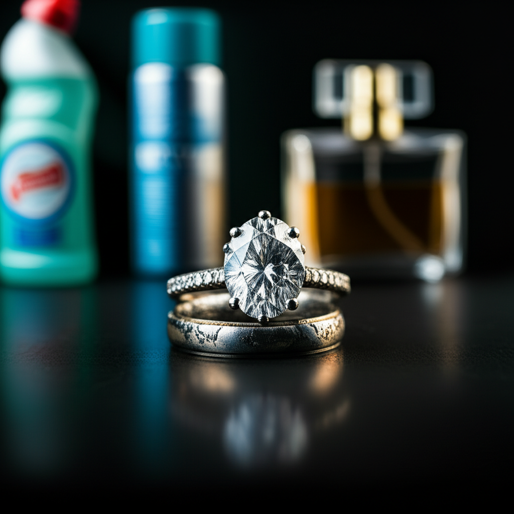 Cách bảo quản nhẫn cưới lâu dài với giữ nhẫn cưới lâu bền 1 Cận cảnh nhẫn cưới kim cương bị xỉn màu và trầy xước, nằm trên bề mặt tối, xung quanh là các chai nước rửa chén, xịt tóc, và nước hoa được làm mờ, tượng trưng cho những tác nhân gây hại.