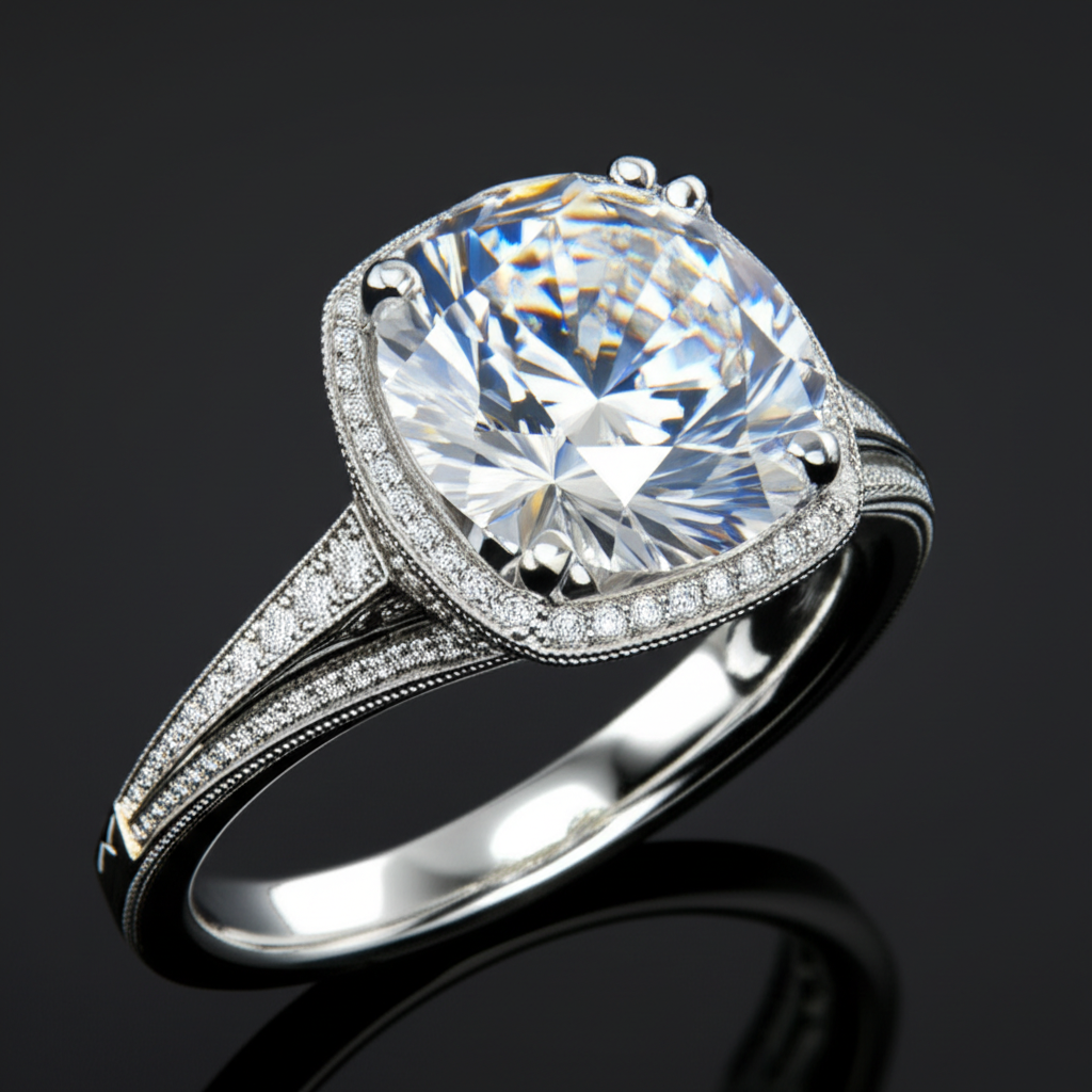 Vai trò của giấy kiểm định trong mua kim cương 8 Ảnh chụp macro một chiếc nhẫn kim cương độc đáo với viên kim cương chủ đạo lớn và các chi tiết chạm khắc tinh xảo trên thân nhẫn, đặt trên nền tối.