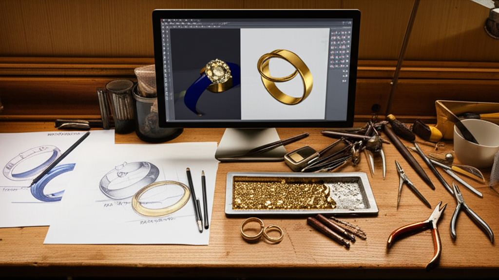 Nhẫn cưới cặp đôi thiết kế riêng với thiết kế nhẫn cưới 7 Hình ảnh flat lay mô tả các giai đoạn chế tác nhẫn cưới: bản vẽ tay, mô hình 3D trên máy tính, vàng và kim cương thô, dụng cụ kim hoàn, và cặp nhẫn cưới đã hoàn thiện, tất cả được sắp xếp trên bàn làm việc của thợ kim hoàn.