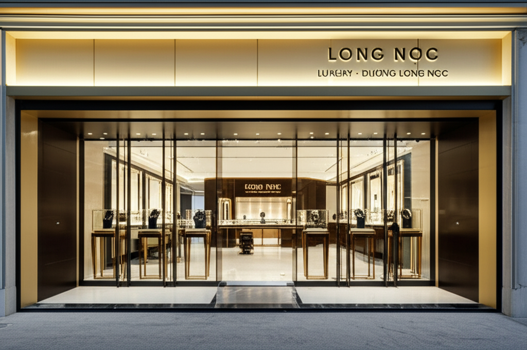 Vai trò của giấy kiểm định trong mua kim cương 9 Ảnh mặt tiền cửa hàng trang sức Long Ngọc Luxury với thiết kế sang trọng và ánh sáng ấm áp.