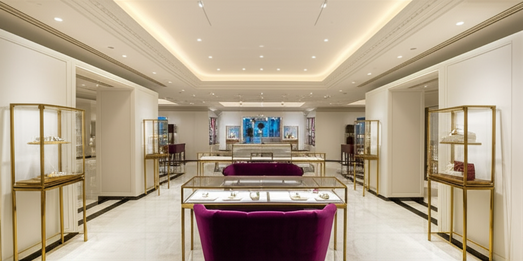 Xu hướng nhẫn cưới 2025 với nhẫn cưới kim cương 7 Ảnh chụp toàn cảnh showroom Long Ngọc Luxury. Không gian sang trọng với sàn đá cẩm thạch, tủ kính trưng bày sản phẩm cao cấp và ánh sáng tinh tế, không có người.