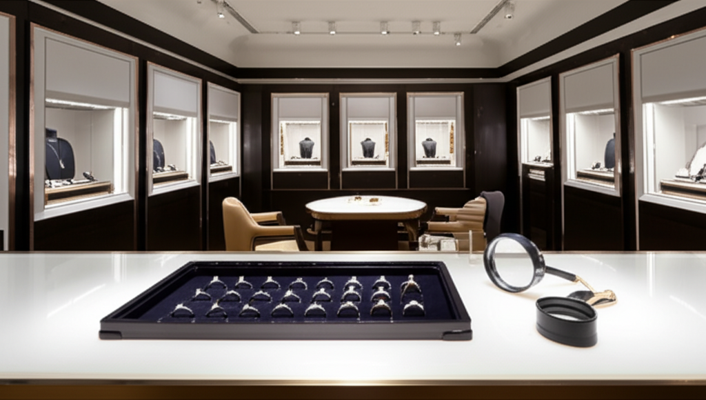 Mẹo chọn nhẫn cưới phù hợp với tay nhỏ với nhẫn cưới tay nhỏ 7 Nội thất showroom trang sức sang trọng và hiện đại. Một quầy tư vấn bằng đá cẩm thạch với khay nhung trưng bày những chiếc nhẫn cưới kim cương lấp lánh, ngụ ý về một buổi tư vấn vừa diễn ra.