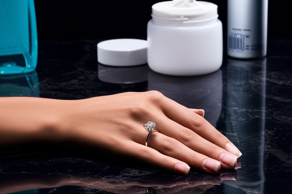 Bí quyết giữ gìn nhẫn cưới luôn sáng bóng với bảo quản nhẫn cưới 3 Cận cảnh một bàn tay đeo nhẫn cưới kim cương lấp lánh, được chiếu sáng nổi bật. Xung quanh là các vật dụng hàng ngày như chai nước rửa chén, lọ kem dưỡng da và bình xịt tóc được sắp xếp một cách nghệ thuật trên nền tối.