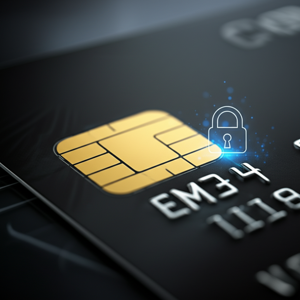 Lưu ý khi mua kim cương online 7 Cận cảnh thẻ tín dụng màu tối, tối giản với chip EMV vàng và biểu tượng ổ khóa phát sáng, đặt trên nền trừu tượng công nghệ, thể hiện sự an toàn và bảo mật.