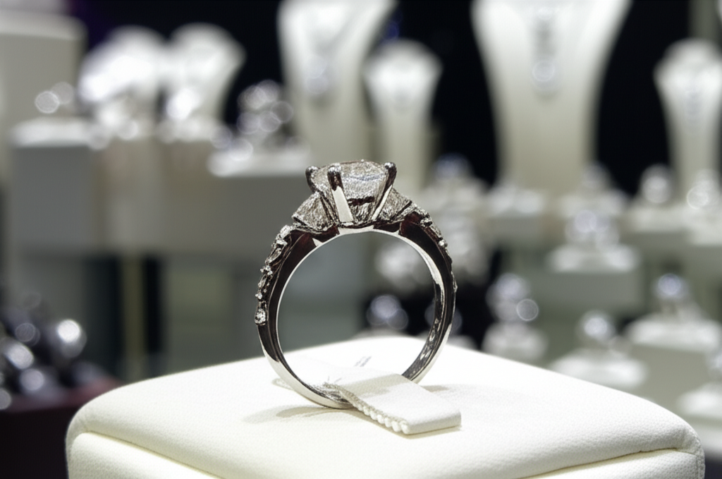 So sánh kim cương giác cắt tròn và oval với giác cắt kim cương 6 Ảnh cận cảnh nhẫn kim cương đặt trên giá đỡ nhung trong cửa hàng trang sức.