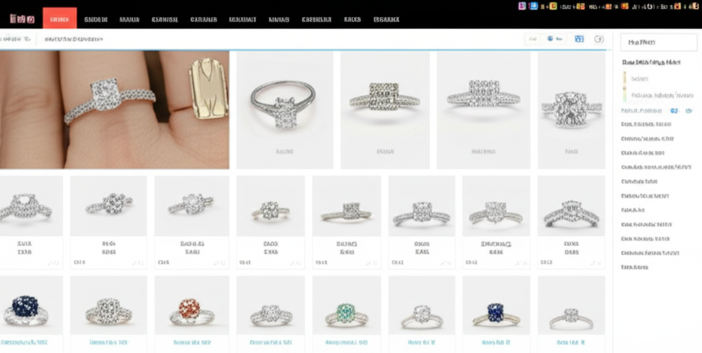 Tư vấn chọn nhẫn cưới khi đặt online với mua nhẫn cưới online 4 Ảnh chụp giao diện trang web trưng bày các mẫu nhẫn cưới kim cương khác nhau, thiết kế sáng sủa và hình ảnh sắc nét.
