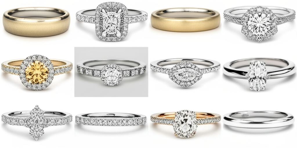 Top mẫu nhẫn cưới hot nhất 4 Ảnh collage chụp sản phẩm nhiều mẫu nhẫn cưới bằng kim cương với các kiểu dáng khác nhau, bao gồm nhẫn cổ điển, nhẫn hiện đại và nhẫn tối giản, được sắp xếp nghệ thuật trên nền trắng.
