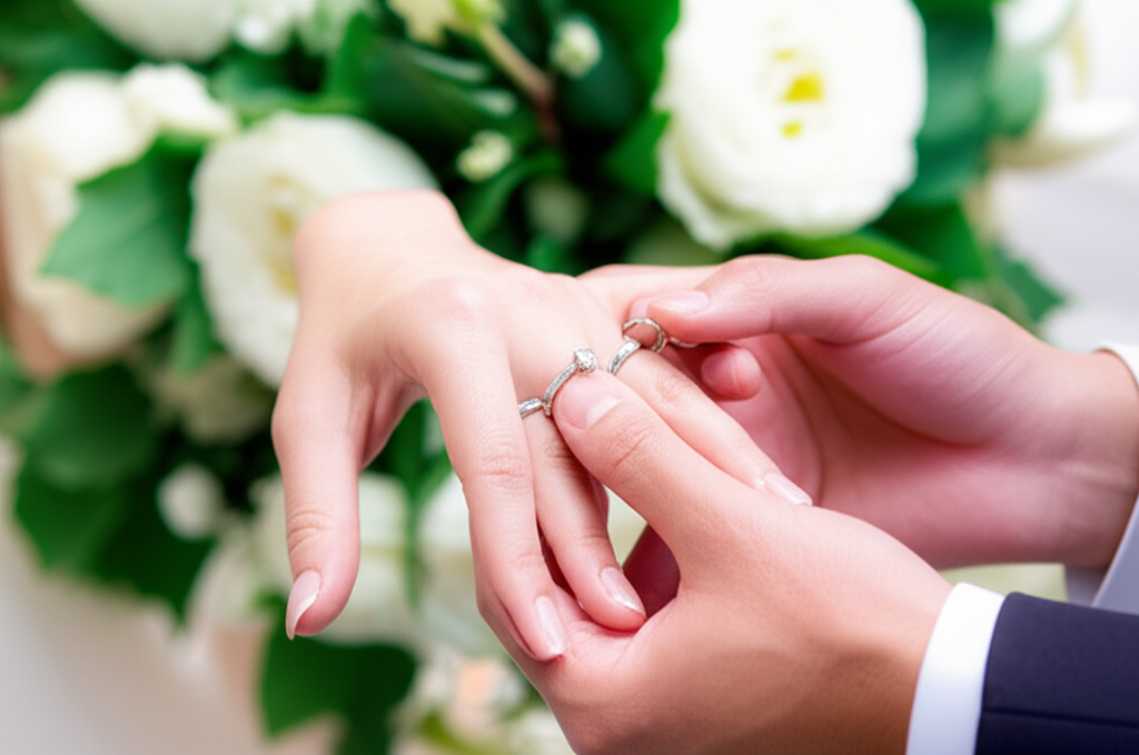 Kim cương tự nhiên là gì với kim cương tự nhiên 4 Ảnh chụp cận cảnh bàn tay của chú rể đang nhẹ nhàng đeo chiếc nhẫn cưới kim cương vào ngón tay của cô dâu trong một không gian cưới lãng mạn với hoa trắng và ánh sáng tự nhiên.