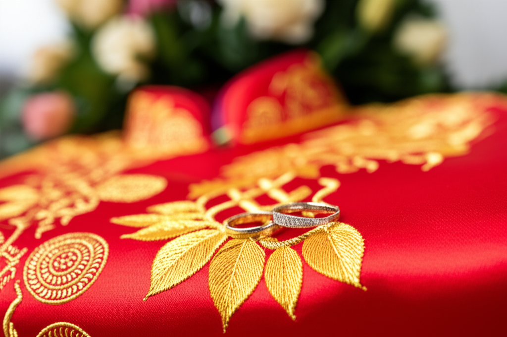 Ý nghĩa viên kim cương trên nhẫn cưới với ý nghĩa kim cương 3 Cận cảnh cặp nhẫn cưới kim cương lấp lánh đặt trên bộ áo dài cưới truyền thống màu đỏ và vàng được gấp gọn gàng, trong một không gian lễ cưới lãng mạn với ánh sáng dịu và hoa trang trí.