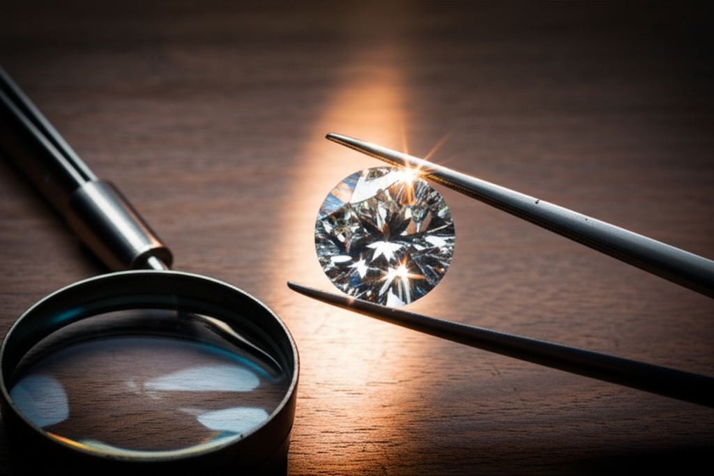 Giá kim cương 1 carat hiện nay với giá kim cương 3 Hình ảnh cận cảnh, chân thực về một viên kim cương 1 carat được giữ bằng kẹp chuyên dụng trên bàn làm việc bằng gỗ tối màu. Bên cạnh là kính lúp, với một chùm sáng mạnh chiếu vào viên kim cương làm nổi bật vẻ đẹp và các mặt cắt tinh xảo.