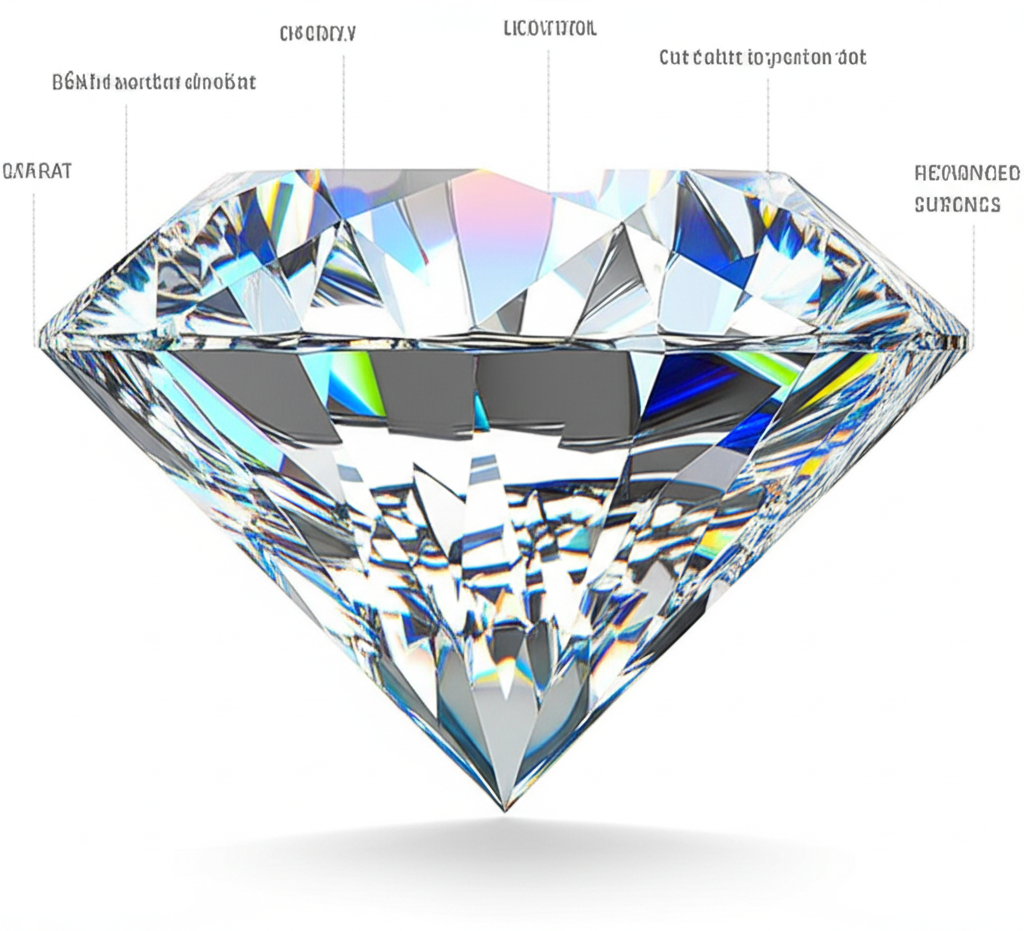 Ảnh chụp cận cảnh viên kim cương được chiếu sáng, kèm infographic giải thích về 4C của kim cương (Carat, Cut, Clarity, Color).