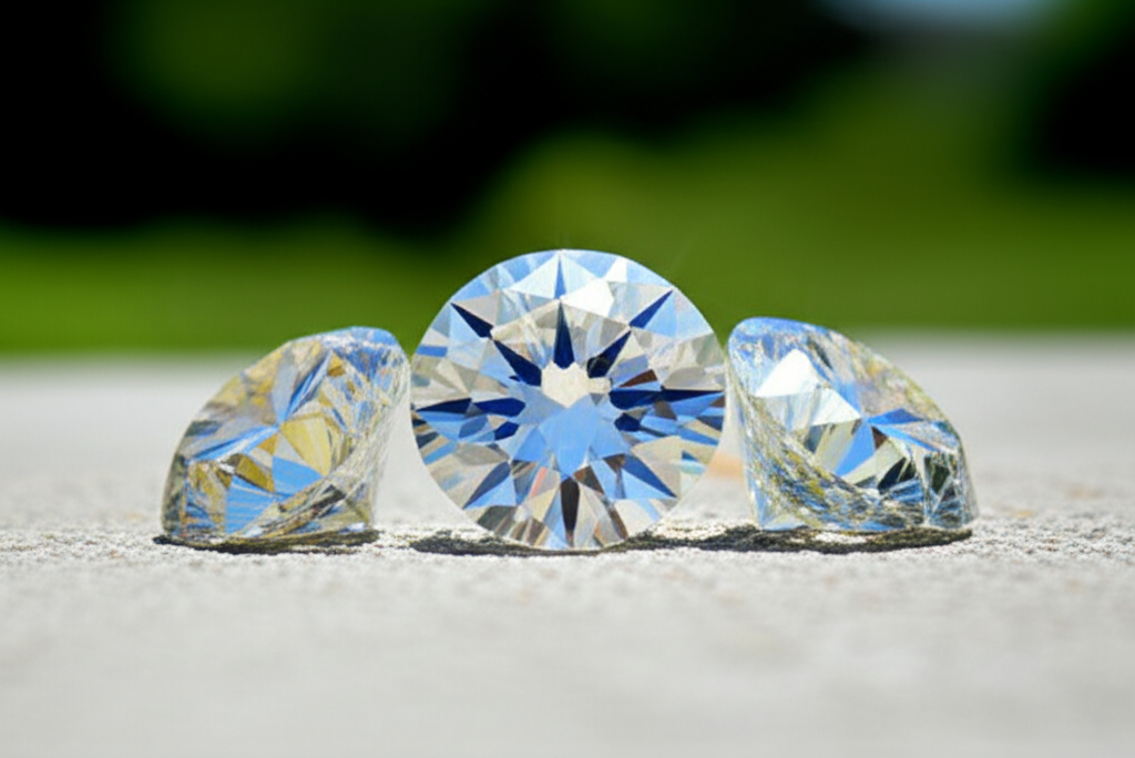Phân biệt kim cương thiên nhiên và nhân tạo nam giới với kim cương thật giả nam 4 Hình ảnh ba viên kim cương: tự nhiên, nhân tạo và giả, đặt cạnh nhau.