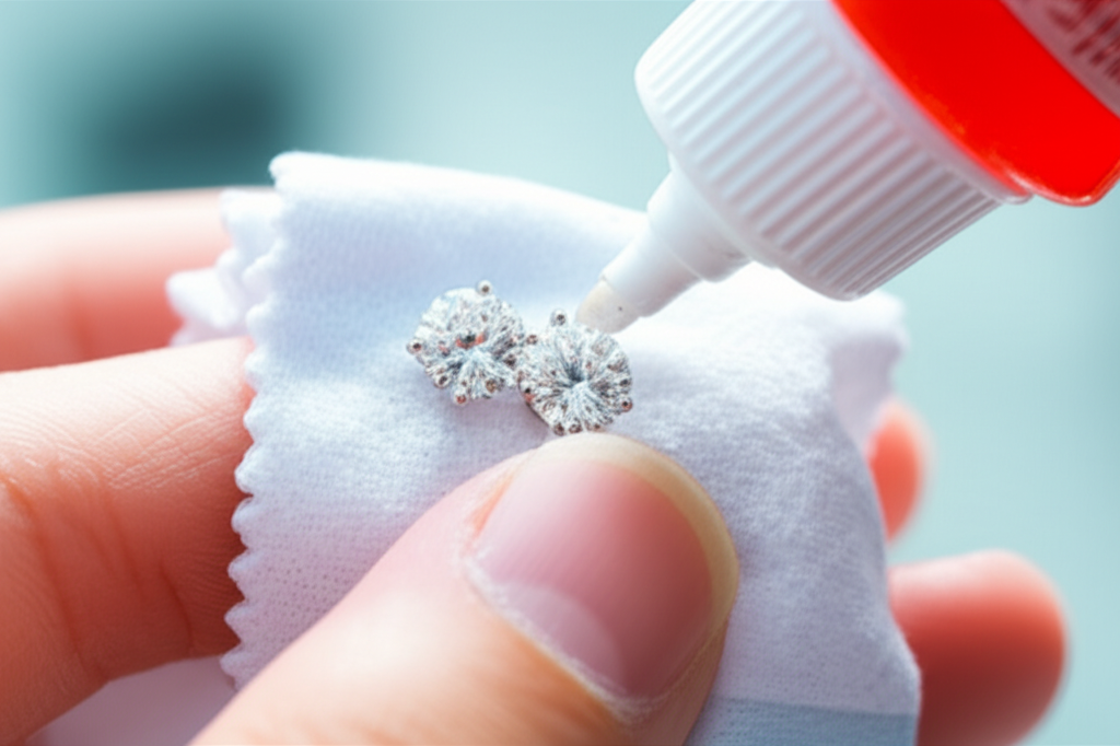 Ảnh chụp cận cảnh đôi bông tai kim cương đang được làm sạch bằng khăn mềm.