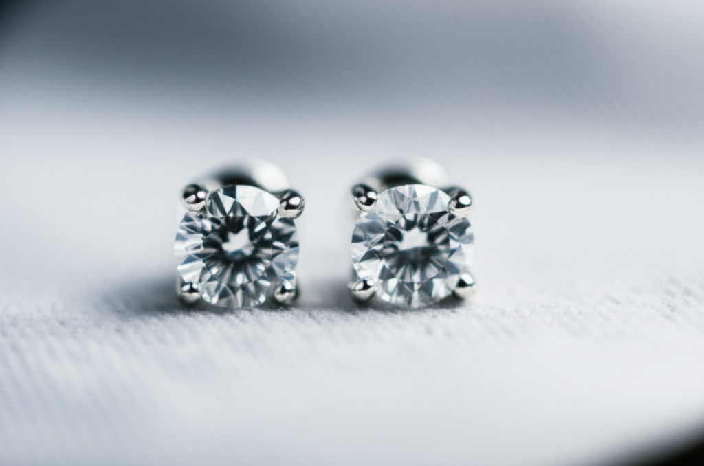 Ảnh cận cảnh bông tai kim cương đang nằm trên khăn lau mềm mại.