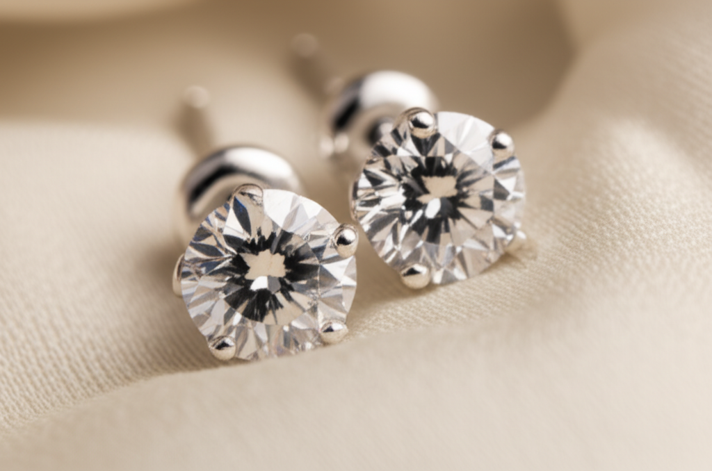 Ảnh cận cảnh đôi bông tai kim cương đang được đặt trên một miếng vải mềm, ánh sáng tập trung vào vẻ đẹp lấp lánh của chúng.