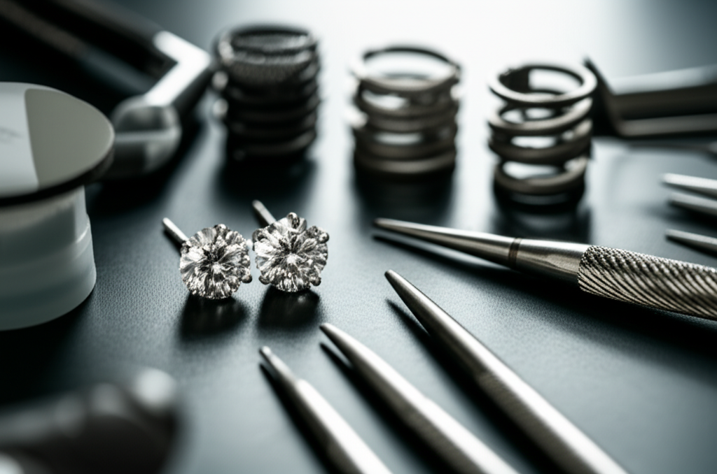 Tư duy đầu tư khi chọn mua bông tai kim cương với đầu tư bông tai kim cương 5 Bàn làm việc của thợ kim hoàn với các dụng cụ và một đôi bông tai kim cương được chiếu sáng.