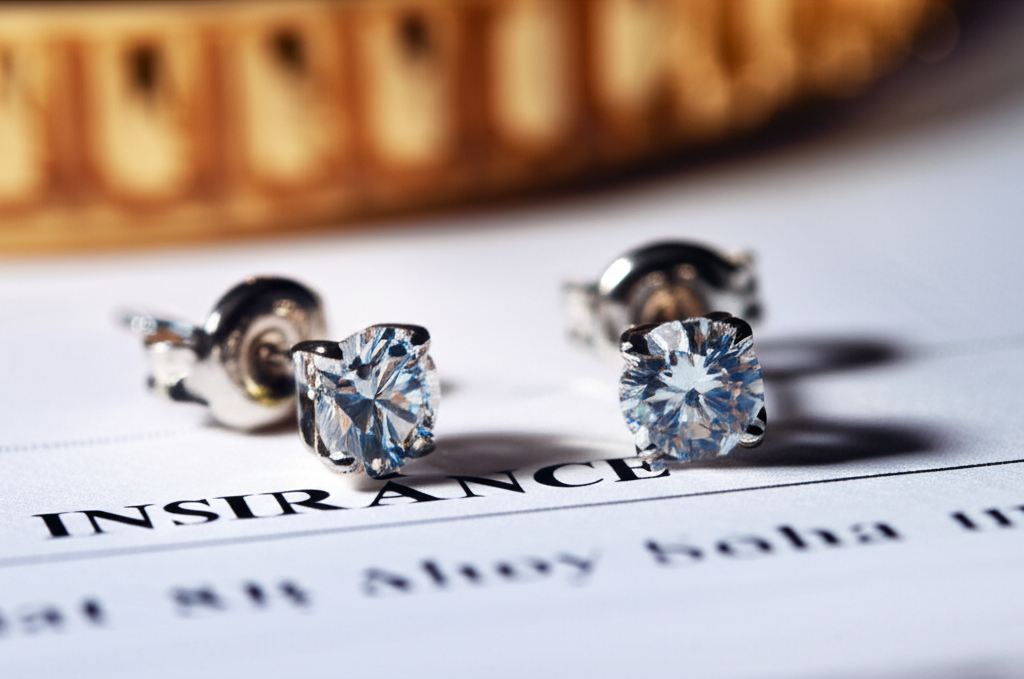 Ảnh chụp cận cảnh bông tai kim cương đặt trên giấy chứng nhận bảo hiểm.