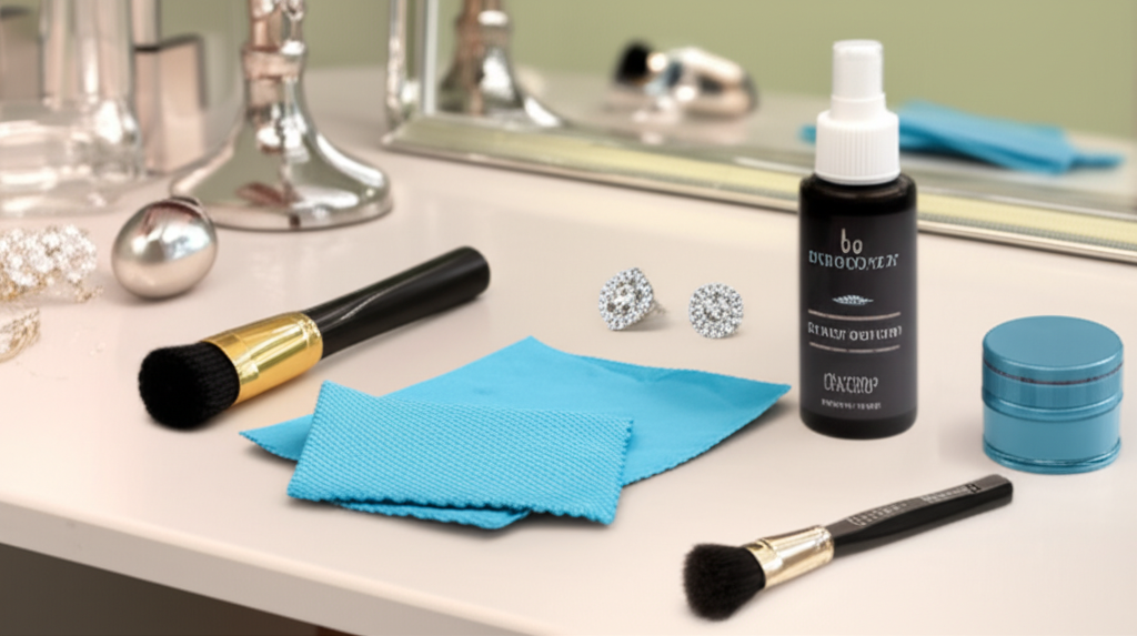 Ảnh chụp cận cảnh bộ dụng cụ vệ sinh trang sức kim cương trên bàn trang điểm.