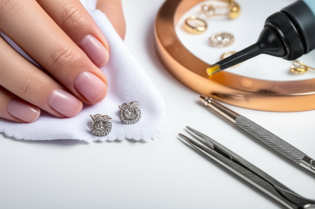 Ảnh cận cảnh đôi bông tai kim cương đang được làm sạch trên bàn trang điểm.