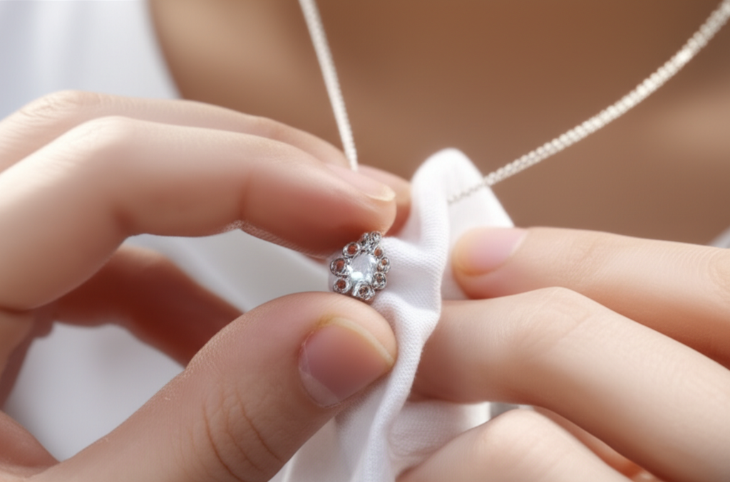 Ảnh chụp cận cảnh bàn tay đang lau chùi một dây chuyền kim cương bằng vải mềm dưới ánh sáng tự nhiên.