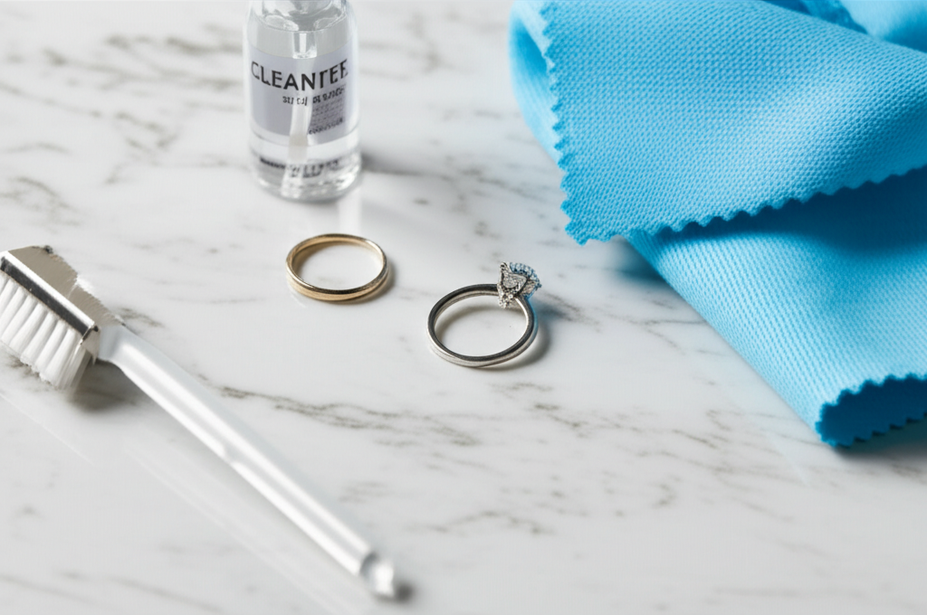 Ảnh cận cảnh bộ dụng cụ vệ sinh nhẫn kim cương bao gồm bàn chải mềm, dung dịch và khăn lau trên mặt đá cẩm thạch.