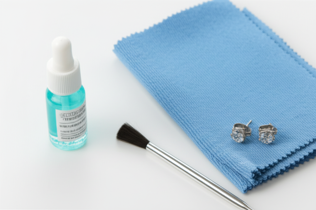 Ảnh chụp cận cảnh bộ dụng cụ vệ sinh trang sức gồm khăn mềm, dung dịch tẩy rửa và bàn chải nhỏ, cùng với bông tai kim cương.